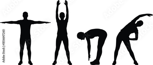 Silhouettes of person doing stretching exercises, warm-up poses for flexibility and fitness, black and white workout illustration