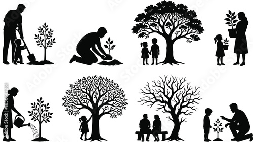 Silhouettes of people planting and nurturing trees, life cycle and environmental care concept, intergenerational nature illustration, black and white