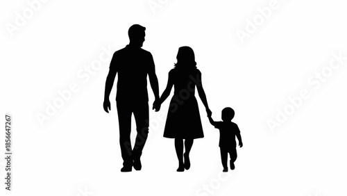 Silhouette of a family walking together holding hands.