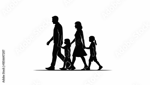 Silhouette of a family walking together holding hands.