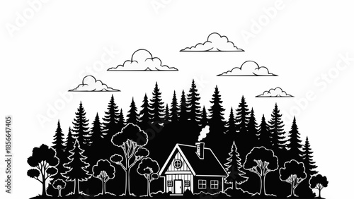 Rustic cabin nestled in a dense forest landscape illustration.