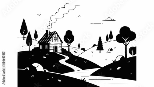 Rustic cabin nestled in a serene landscape with a winding path.