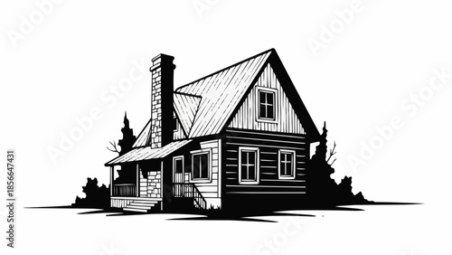 Rustic wooden cabin with a tall chimney and porch.