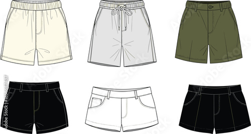 Men’s shorts collection, fashion flat vector, various styles, waistband types, pocket designs, casual wear, isolated garment illustration