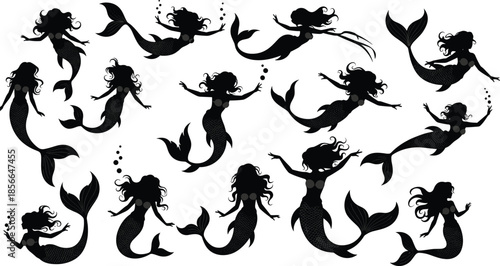 Mermaid silhouette illustration, fantasy sea creature, black mermaid art, underwater mythical design, ocean theme, swimming pose, bubbles