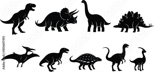 Collection of ten distinct black and white silhouette icons representing various prehistoric dinosaur species for educational or decorative graphic design use