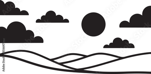 Simple black and white landscape with sun and clouds