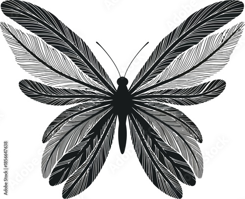 Stylized black and white illustration of a butterfly featuring intricate wings composed entirely of delicate detailed feathers creating a unique artistic insect design