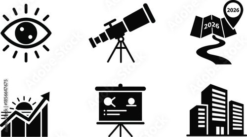 Collection of black and white business planning icons representing vision telescope roadmap growth presentation and company growth objectives