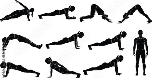 Exercise silhouettes, yoga poses, fitness icons, bodyweight workout, plank variations, push‑up art, stretching figures, healthy lifestyle, training illustration, gym activity