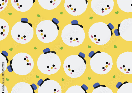 A fluffy white chick with big eyes and rosy cheeks, wearing a blue baseball cap, with green hearts surrounding it on a yellow-orange background.