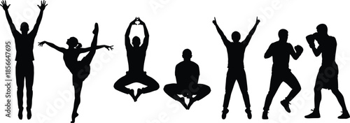 Fitness activity silhouettes set, yoga meditation jumping dancing boxing poses, healthy lifestyle sport exercise people isolated on white background