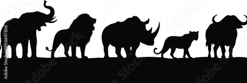 Silhouette collection of iconic African safari animals including an elephant lion rhinoceros leopard and cape buffalo standing together