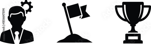 Professional businessman thinking about goals setting achievement success and winning trophies through strategic planning and technical aptitude development