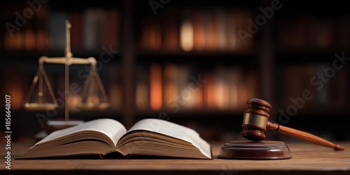 Vibrant photo of Scale of justice, gavel and open law book on wooden table in library background.