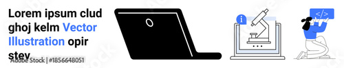 Digital education, scientific research, programming, technology tools, software development, innovation. Minimalist visuals include a laptop, a microscope and a coding icon. Digital education