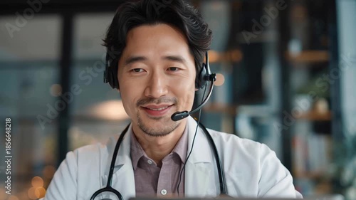 Telemedicine global health doctor consultation with headset stethoscope consulting patient remotely modern clinic smiling caring professional