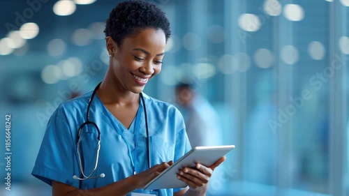 Telemedicine global health nurse using tablet smiling in modern clinic connecting patients remotely healthcare stethoscope clinic