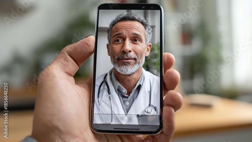 Telemedicine global health doctor virtual consultation smartphone video call compassionate physician stethoscope remote diagnosis professional calm