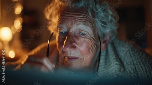 Telemedicine global health elderly woman with glasses using laptop home late night for remote consultation cozy warm lighting thoughtful concerned