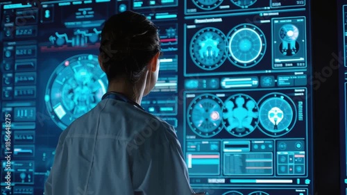 Telemedicine global health doctor examining digital display monitor screen interface for futuristic medical data analysis patient care analytics