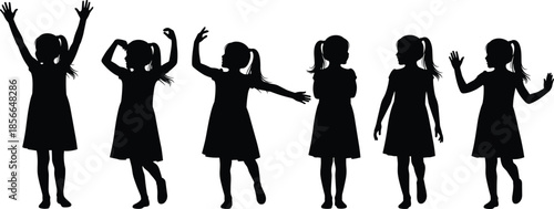 Girl silhouettes, ponytail figures, dress icons, child poses, dancing gestures, standing posture, walking stance, playful movement, animation reference, body language illustration