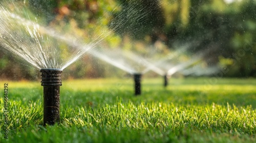 Wallpaper Mural Automatic lawn sprinkler system spraying water over green grass in a garden on a sunny day Torontodigital.ca