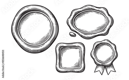 Hand-drawn wax seal set engraving vector illustrations