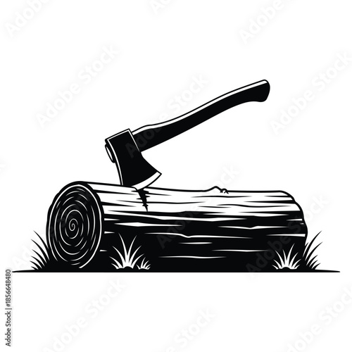 Axe embedded in wooden log silhouette illustration in bold black