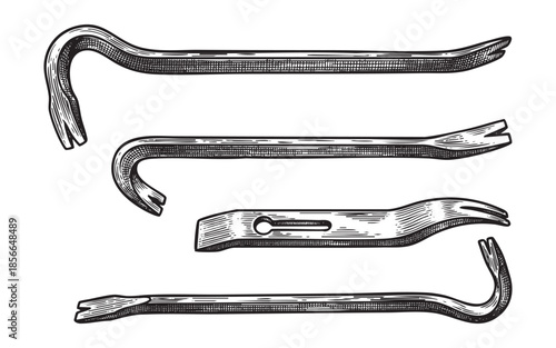 crowbar wrecking bars, pry bars, nail puller set engraving vector illustrations