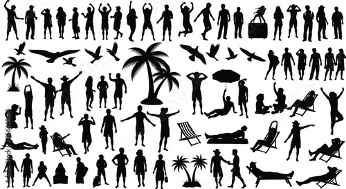 Beach vacation silhouette icon set with people, palm trees, and luggage for travel, summer, and leisure-themed design use.