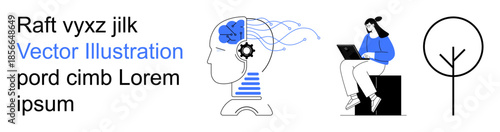 Artificial intelligence, mental health, nature, remote work, human-machine interaction, modern technology. Profile head with a brain and gears, person using a laptop minimal tree. Artificial