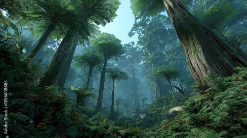 Wallpaper Mural Lush prehistoric jungle landscape with giant tree ferns and sun rays filtering through the canopy Torontodigital.ca