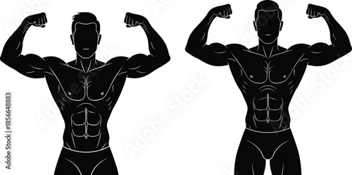 Bodybuilding silhouette icon set with flexing muscular male figures for fitness, anatomy, and strength-themed design use.