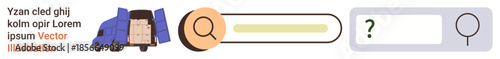 Logistics, delivery services, e-commerce, shipment tracking, transportation management, digital tools. A truck with open cargo and a search bar interface. Logistics and delivery services concept
