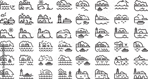 set of line icons of lighthouses and boats on sea and buildings on coastline