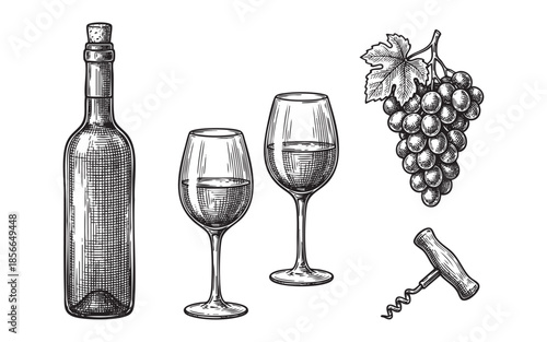 Wine Set Bottle, Glass, Grapes, and Corkscrew