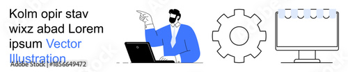 Task management, workflow organization, productivity, business solutions, tech integration, user interface. Man with laptop pointing, gear icon checklist monitor. Task management and workflow