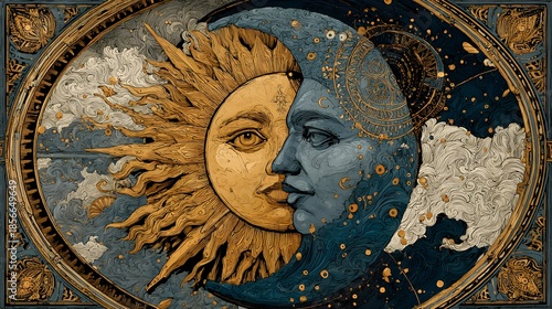Intricate celestial medallion showing half sun and half moon in detailed vintage style.