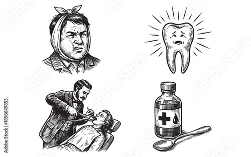 Dentistry Illustration. Hand Drawn Toothache and Dentist Set