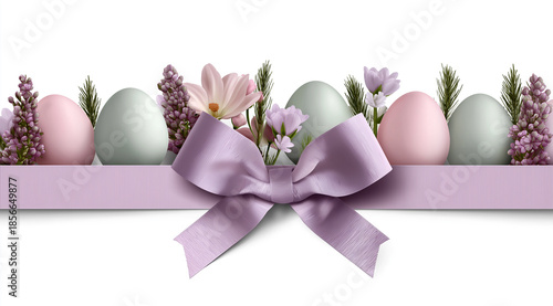 Colored shells stand among blossoms atop band supporting neatly knotted ornamental strip.