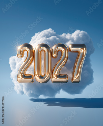 Metallic numerals hover above fluffy mass casting shadow across bright atmosphere.