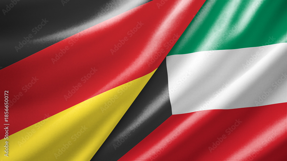 Obraz premium Germany and Kuwait two national flags filling the entire frame, close-up view, edge-to-edge composition