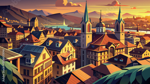 Very beautiful aerial view of downtown Zurich at sunset, with warm golden light reflecting across rooftops and streets, highlighting the elegant harmony of modern life and historic charm.