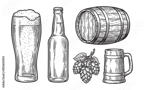 Beer Collection Hand Drawn Glass, Bottle, and Hops Engraving