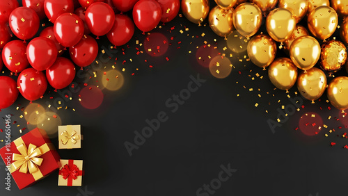 
Realistic black glossy  background with red and gold balloons and gifts