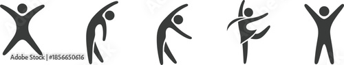 Black exercise and movement silhouette icon set with dynamic human poses for fitness, stretching, and wellness-themed design use.