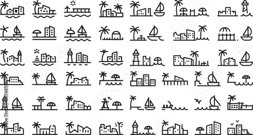 set of minimalist line icons featuring various beach and city elements