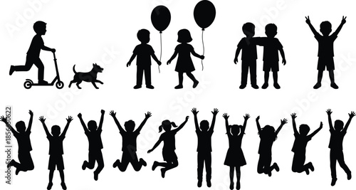 Children playing silhouettes with balloons scooter and dog, happy kids jumping, joyful childhood vector illustration isolated on white background design