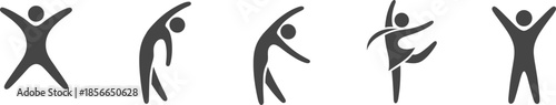 Exercise and movement silhouette icon set with dynamic human poses for fitness, stretching, and wellness-themed design use.